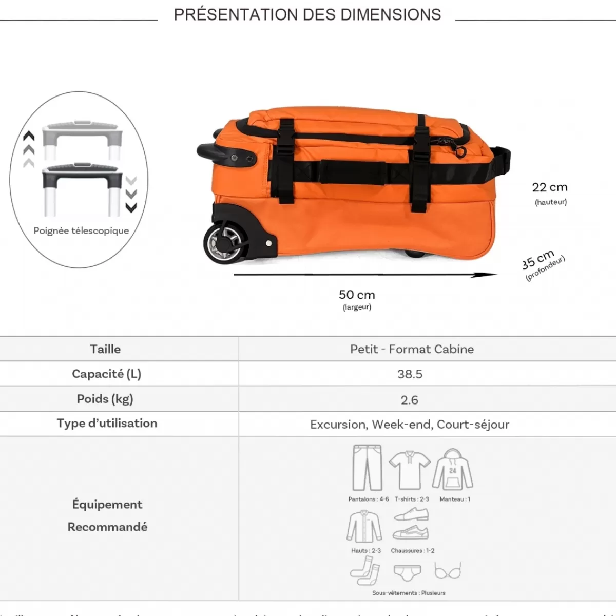 Sac de voyage avec roulettes 38.5L polyester taille S 50cm^Cactus Outlet