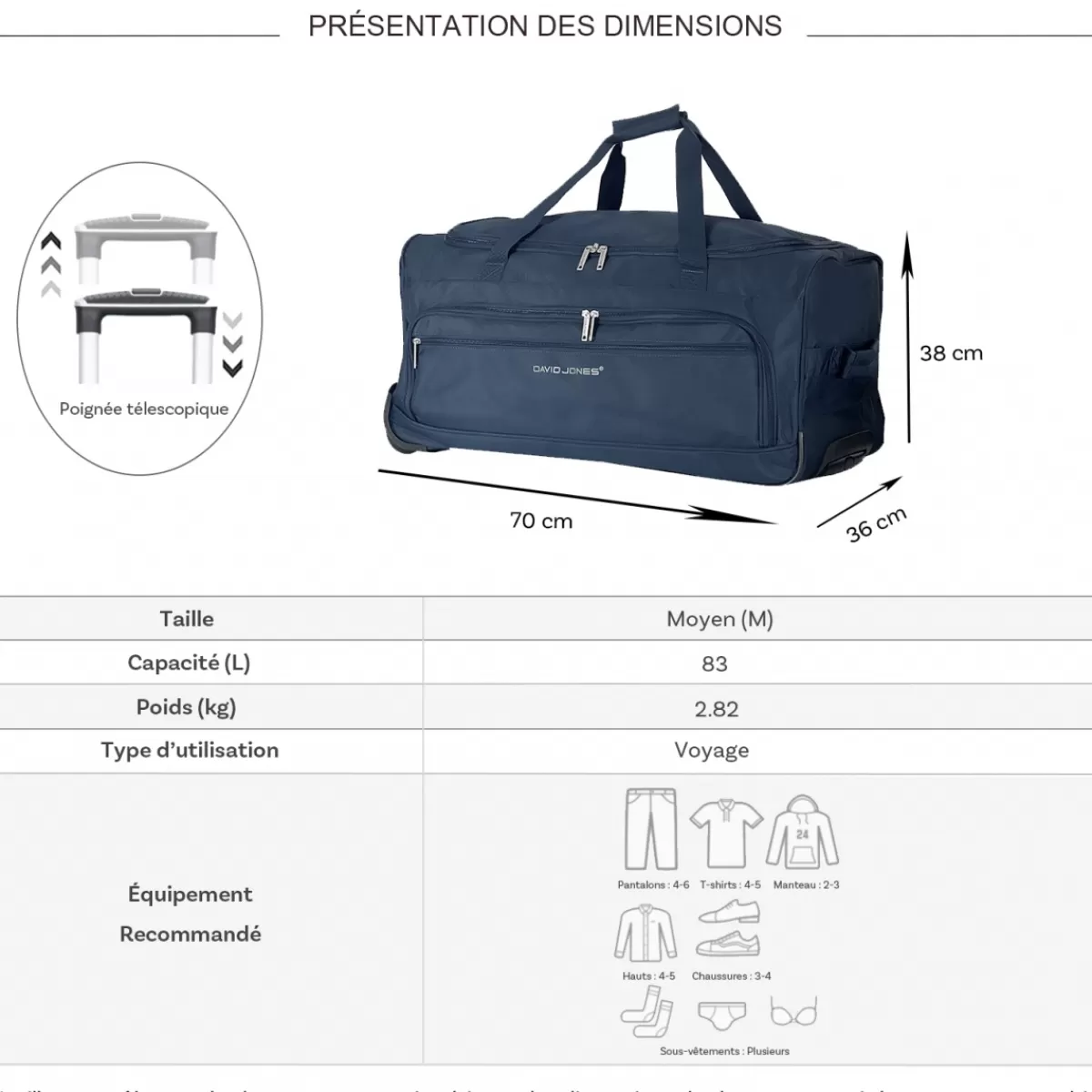 Sac de voyage avec roulettes 83L polyester taille L 70cm^David Jones Best
