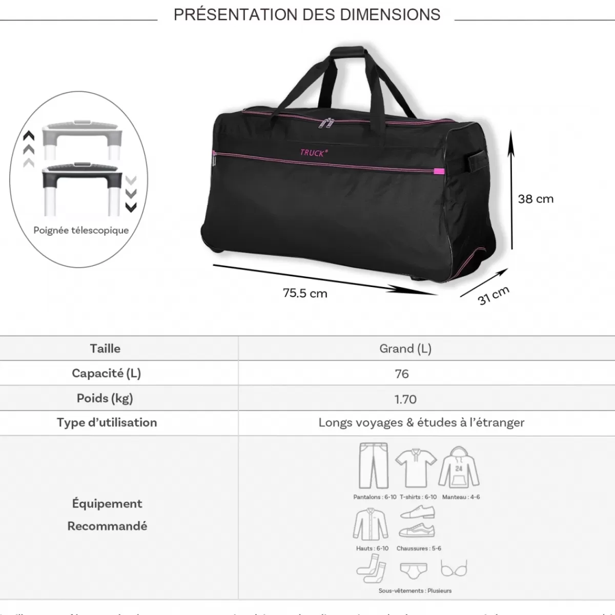 Sac de voyage avec roulettes 76L polyester taille L 75.50cm^Truck Cheap