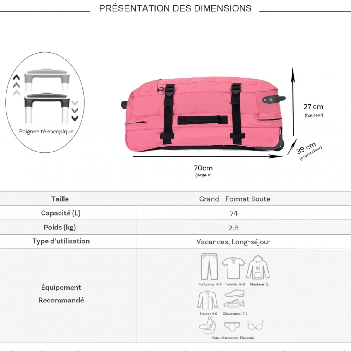 Sac de voyage cabine à roulettes 74L double compartiment taille L 70cm^David Jones Hot