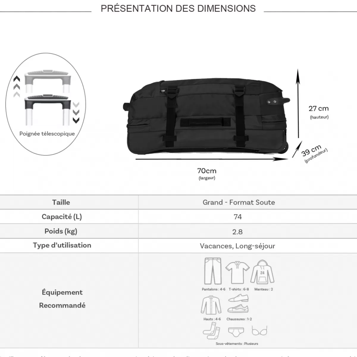 Sac de voyage cabine à roulettes 74L double compartiment taille L 70cm^David Jones Hot