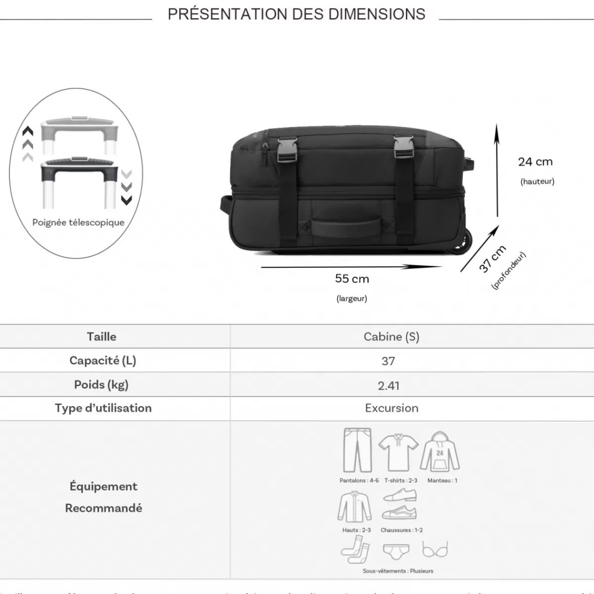 Sac de voyage cabine avec roulettes 37L JS007C polyester taille S 55cm^Jeep Fashion