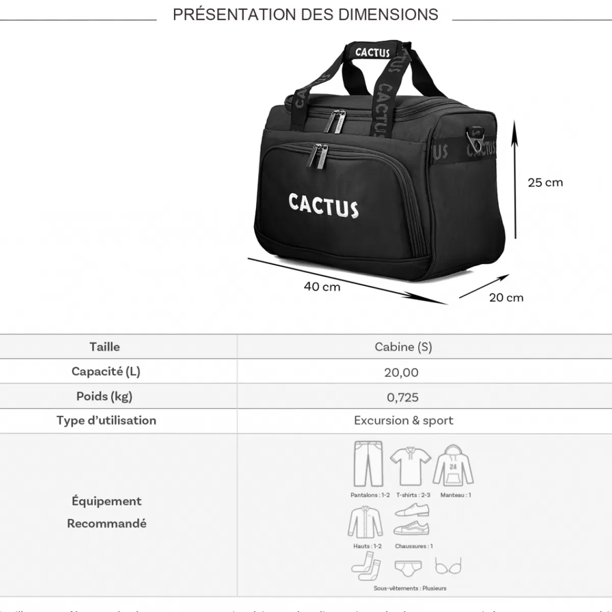 Sac de voyage 20L week-end et sport polyester format Ryan Air sans roulettes^Cactus Shop