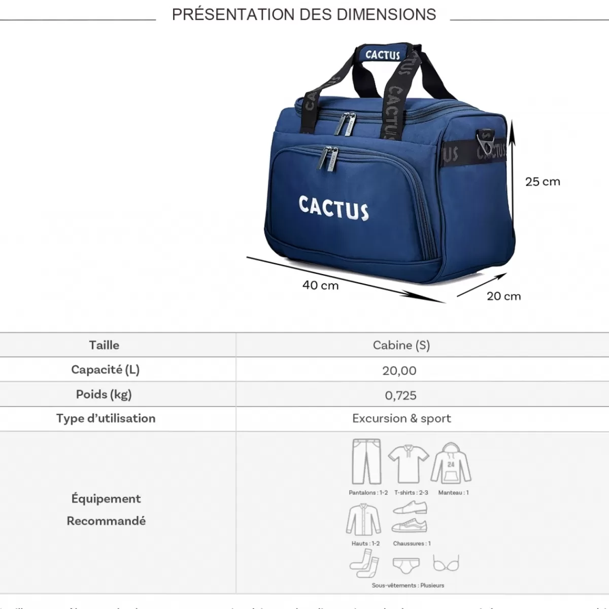 Sac de voyage 20L week-end et sport polyester format Ryan Air sans roulettes^Cactus Shop